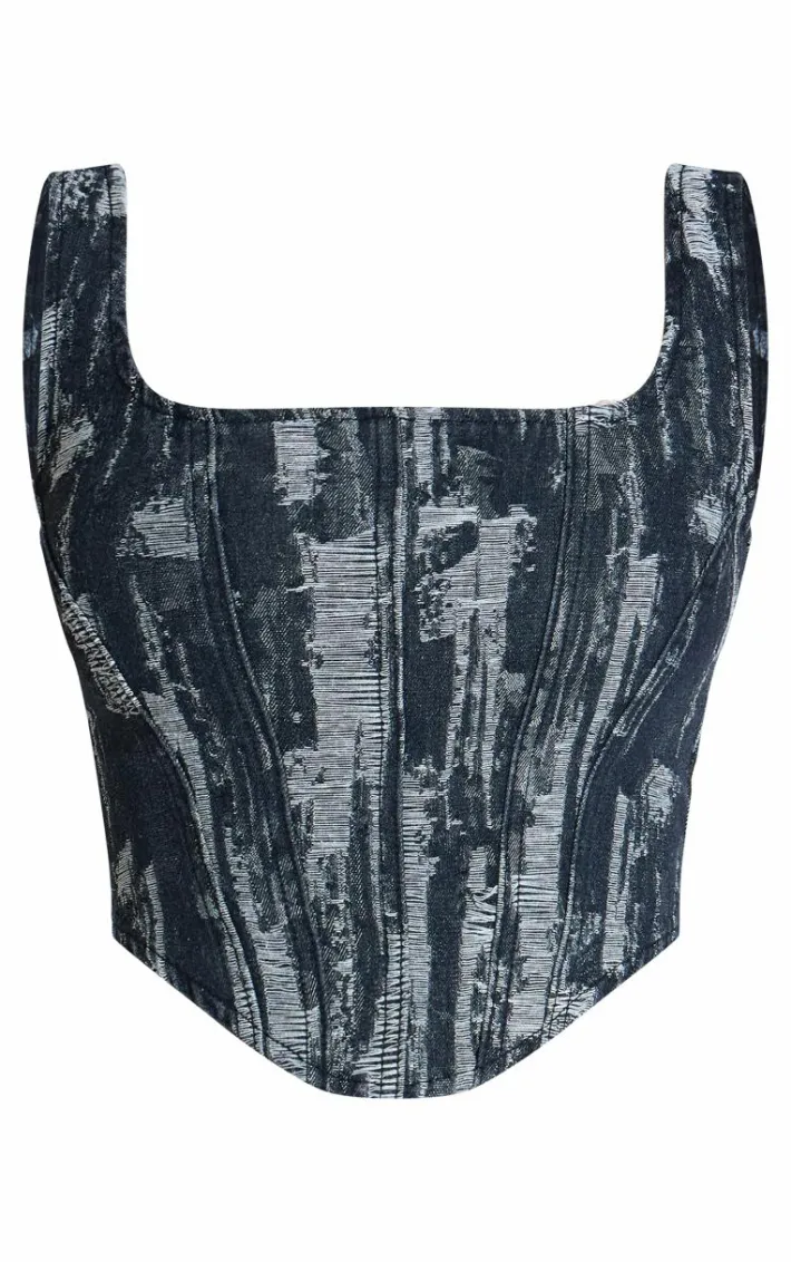 Tall Black Jacquard Style Denim Corset Top