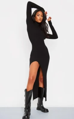 Tall Black Knitted Ribbed Side Split Maxi Dress