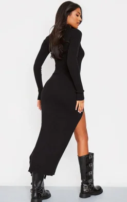 Tall Black Knitted Ribbed Side Split Maxi Dress