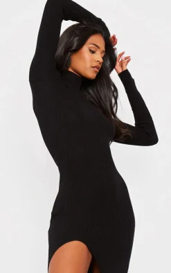 Tall Black Knitted Ribbed Side Split Maxi Dress