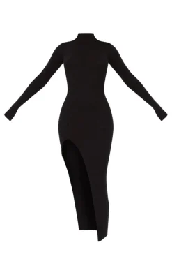 Tall Black Knitted Ribbed Side Split Maxi Dress