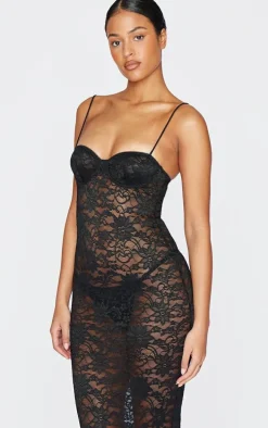 Tall Black Lace Boned Cup Detail Maxi Dress