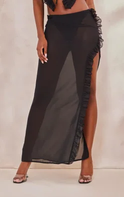 Tall Black Mesh Split Detail Maxi Skirt