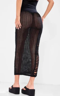Tall Black Open Knit Distressed Detail Midi Skirt