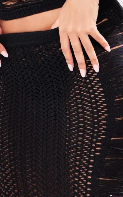 Tall Black Open Knit Distressed Detail Midi Skirt