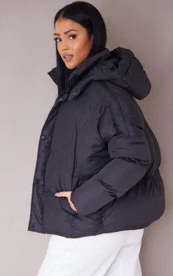 Tall Black Oversized Curved Panel Wadded Puffer Jacket