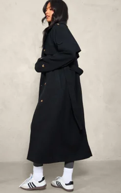 Tall Black Oversized Double Breasted Military Trim Coat