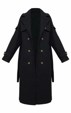 Tall Black Oversized Double Breasted Military Trim Coat