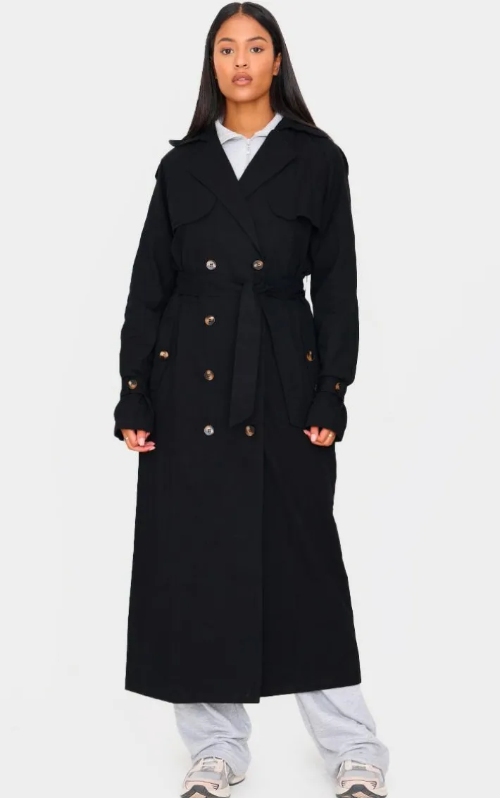 Tall Black Panel Detail Belted Trench Coat