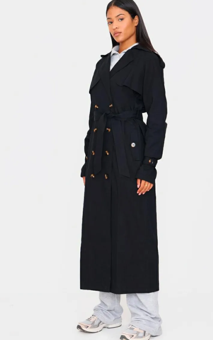 Tall Black Panel Detail Belted Trench Coat