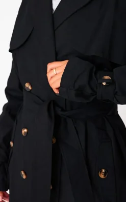 Tall Black Panel Detail Belted Trench Coat