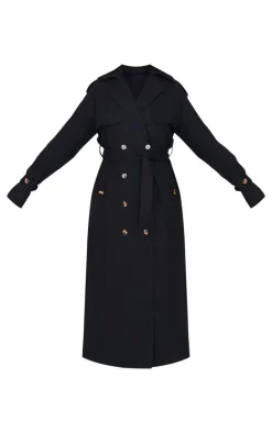 Tall Black Panel Detail Belted Trench Coat
