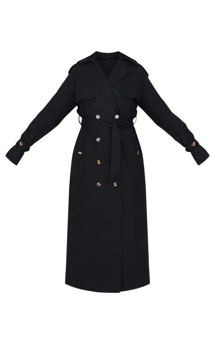 Tall Black Panel Detail Belted Trench Coat