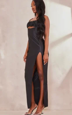 Tall Black Ruched Front Satin Midaxi Dress