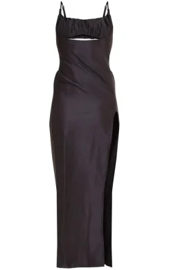 Tall Black Ruched Front Satin Midaxi Dress