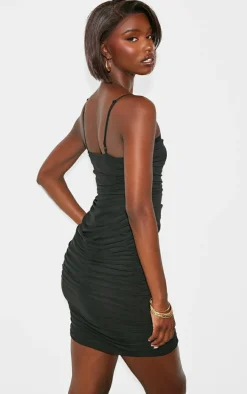 Tall Black Ruched Mesh Mini Dress