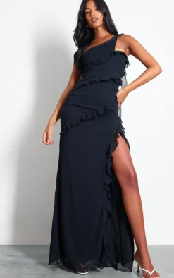 Tall Black Ruffle Asymmetric One Shoulder Maxi Dress