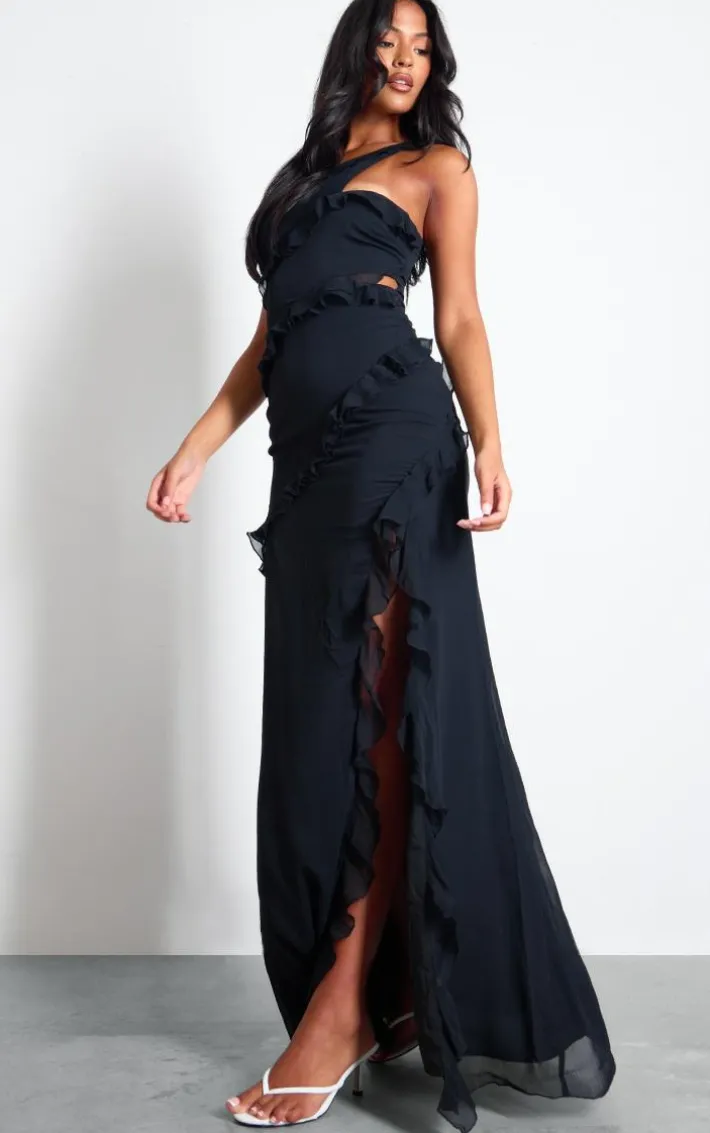 Tall Black Ruffle Asymmetric One Shoulder Maxi Dress