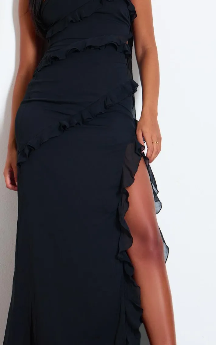 Tall Black Ruffle Asymmetric One Shoulder Maxi Dress
