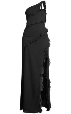 Tall Black Ruffle Asymmetric One Shoulder Maxi Dress