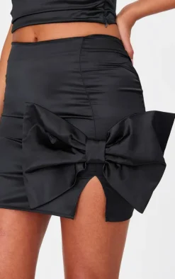 Tall Black Satin Bow Detail Mini Skirt