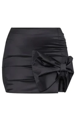 Tall Black Satin Bow Detail Mini Skirt