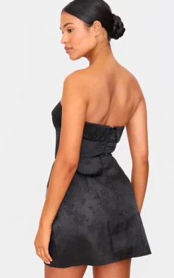 Tall Black Satin Floral Jacquard Bandeau Mini Dress