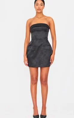 Tall Black Satin Floral Jacquard Bandeau Mini Dress
