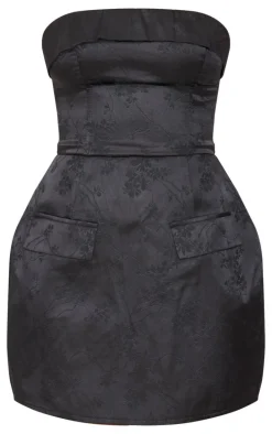 Tall Black Satin Floral Jacquard Bandeau Mini Dress