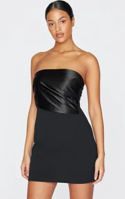 Tall Black Satin Fold Over Mini Dress