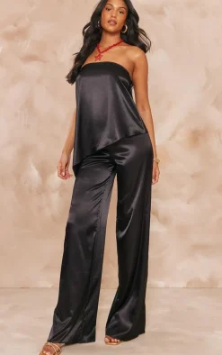 Tall Black Satin Wide Leg Detail Pants