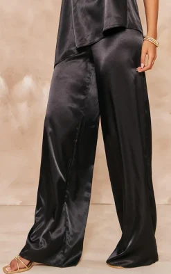 Tall Black Satin Wide Leg Detail Pants