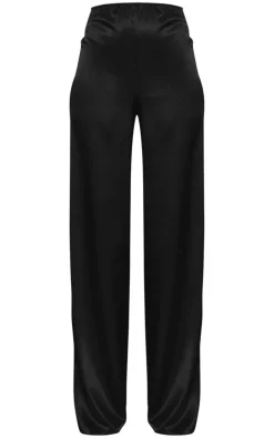 Tall Black Satin Wide Leg Detail Pants