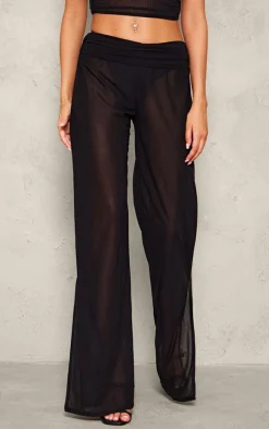Tall Black Semi Sheer Foldover Wide Leg Pants