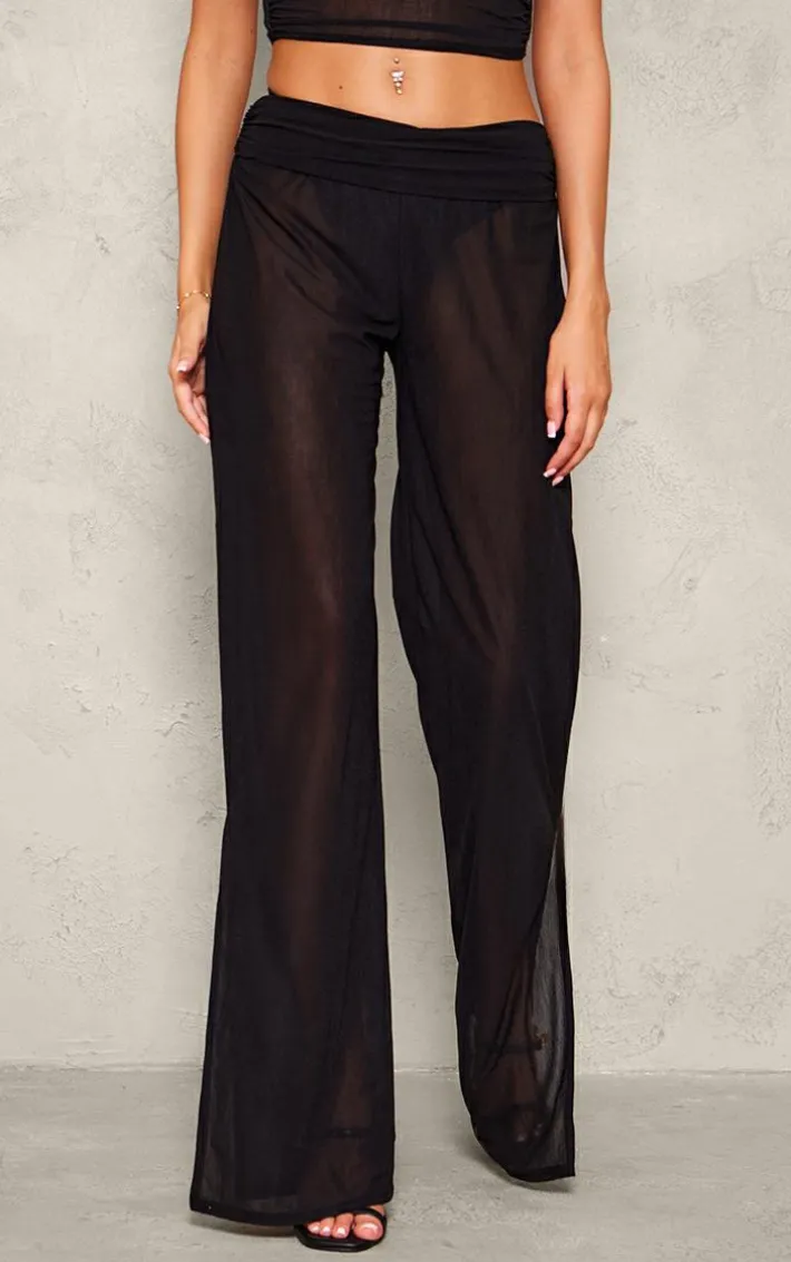 Tall Black Semi Sheer Foldover Wide Leg Pants