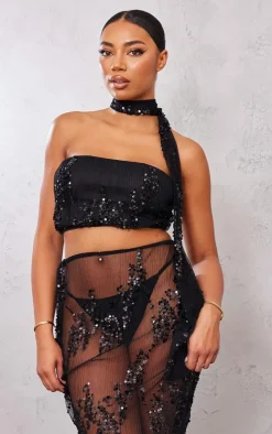 Tall Black Sequin Detail Bandeau Crop Top