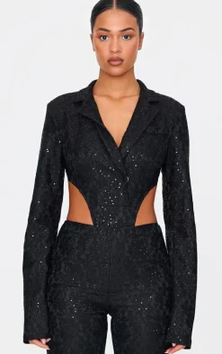 Tall Black Sequin Lace Bodysuit Blazer Jacket