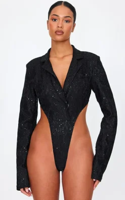 Tall Black Sequin Lace Bodysuit Blazer Jacket