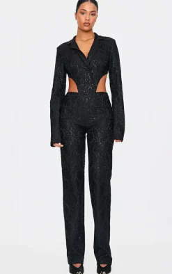 Tall Black Sequin Lace Bodysuit Blazer Jacket