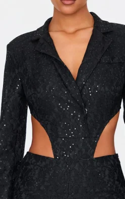 Tall Black Sequin Lace Bodysuit Blazer Jacket