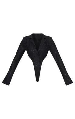 Tall Black Sequin Lace Bodysuit Blazer Jacket