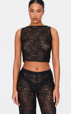 Tall Black Sequin Lace Sleeveless Crop Top