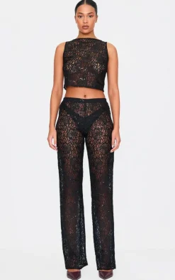 Tall Black Sequin Lace Sleeveless Crop Top