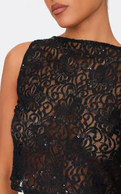 Tall Black Sequin Lace Sleeveless Crop Top