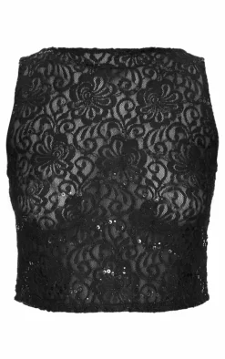 Tall Black Sequin Lace Sleeveless Crop Top