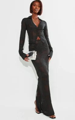 Tall Black Sheer Floral Mesh Fitted Shirt