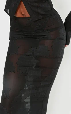 Tall Black Sheer Floral Mesh Maxi Skirt