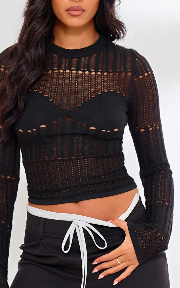 Tall Black Sheer Knit Long Sleeve Top