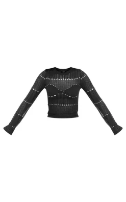 Tall Black Sheer Knit Long Sleeve Top