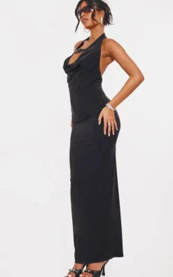 Tall Black Slinky Belt Tie Halterneck Maxi Dress